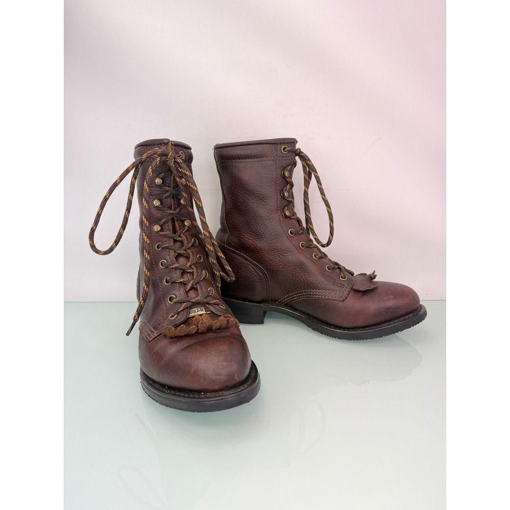 Double H Brown Leather Lace Up Packer Western Work Boots Women's 6.5 Made in USA